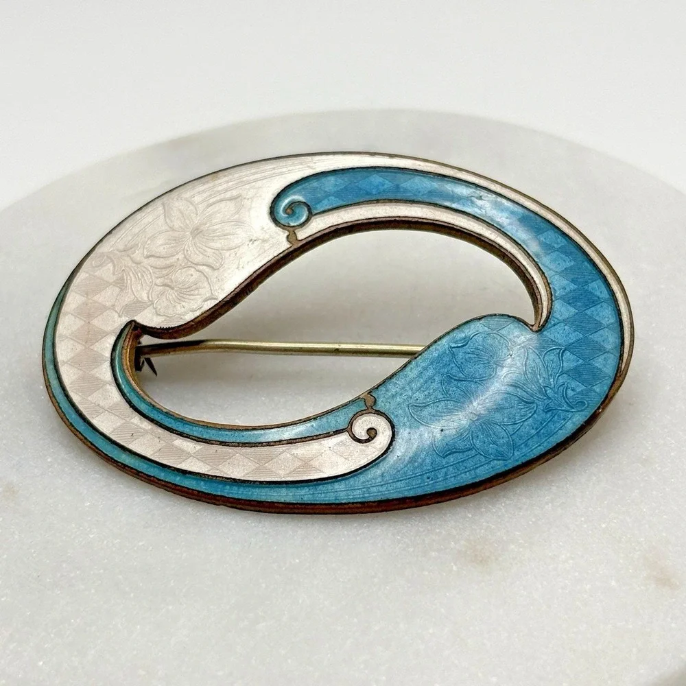 Vintage Guilloche Enamel Sash Pin Brooch Blue White Art Nouveau Unsigned